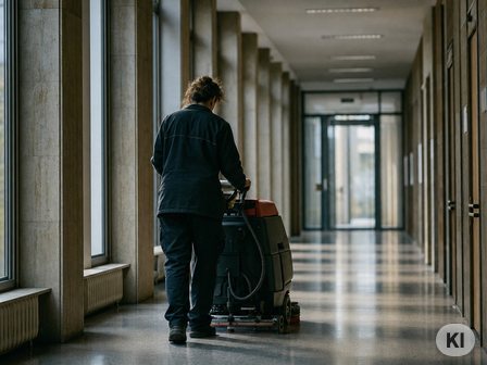 Professionelle Reinigungskraft im Flur eines großen Verwaltungsgebäudes während der Arbeitszeit. Bild mit KI erstellt.