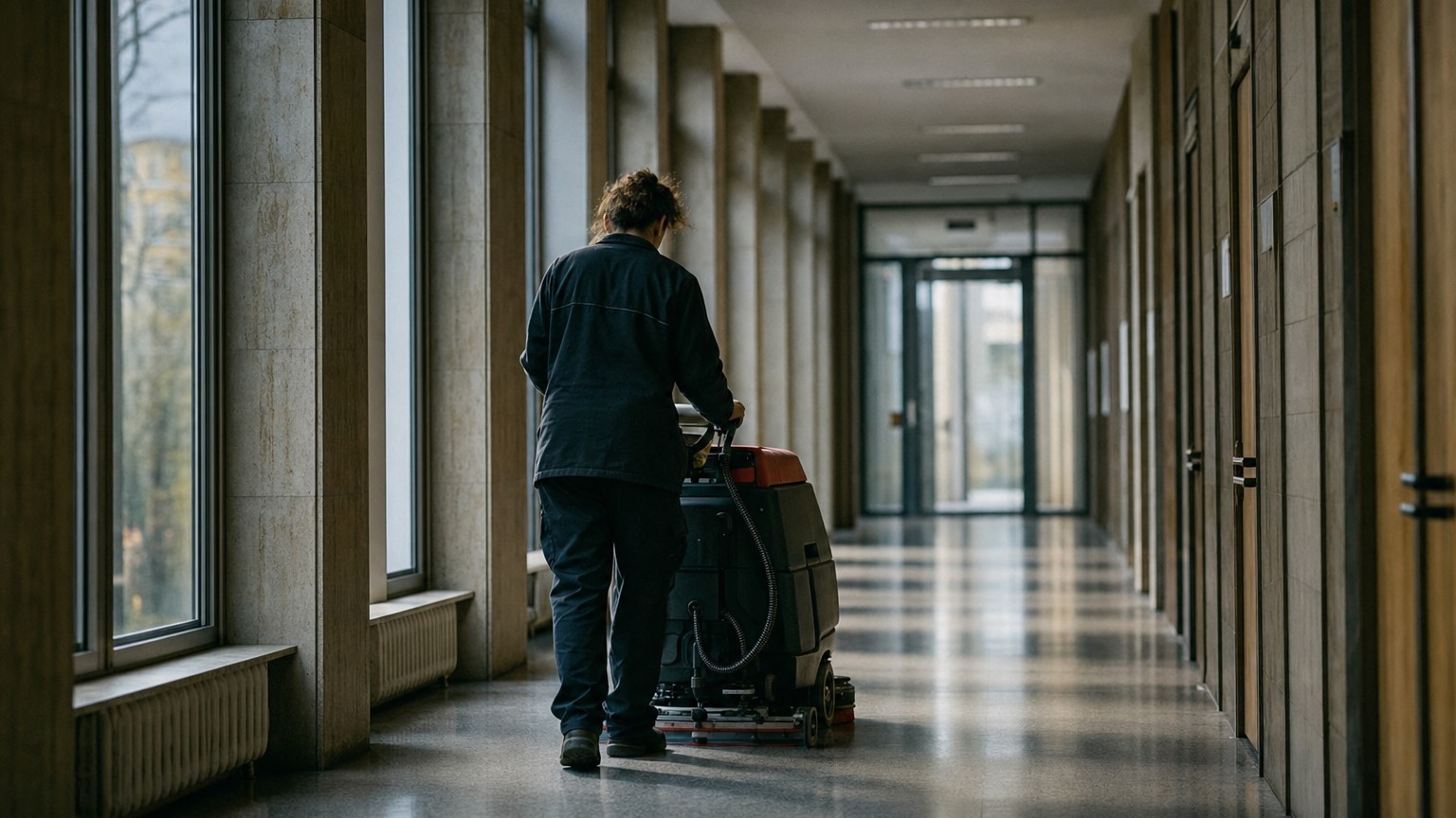 Professionelle Reinigungskraft im Flur eines großen Verwaltungsgebäudes während der Arbeitszeit