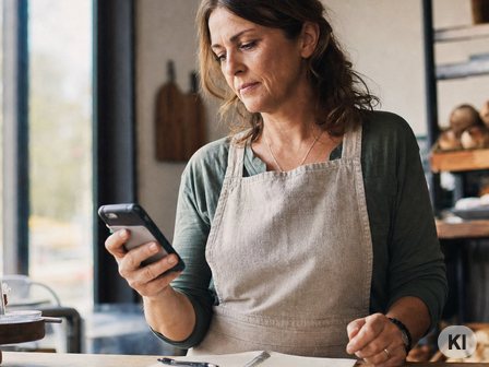 Inhaberin eines kleinen Ladens schaut nachdenklich auf ihr Smartphone zur Frage nach der richtigen Website-Größe. Bild mit KI erstellt.