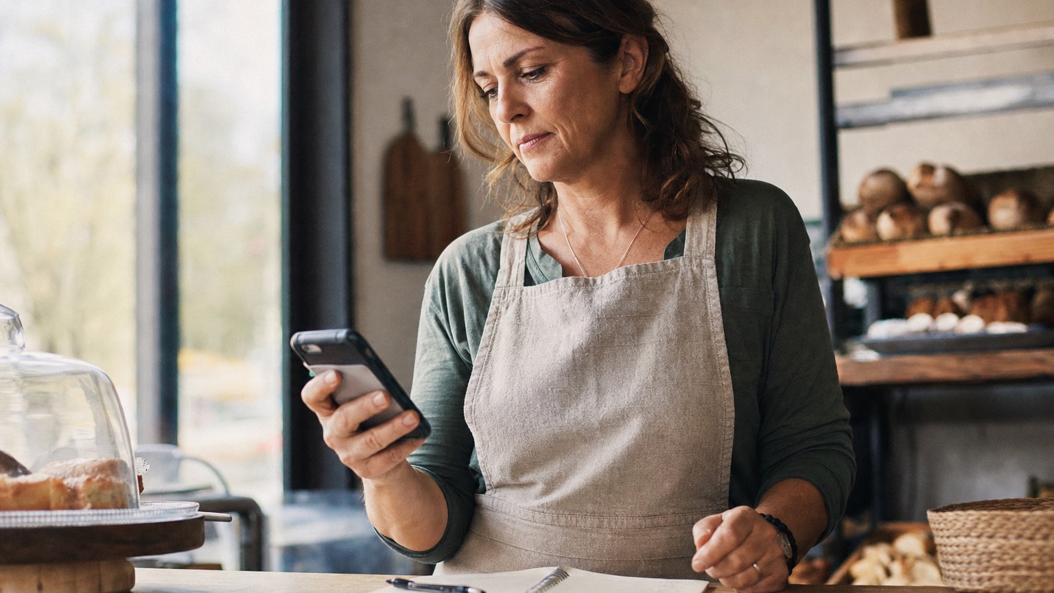 Inhaberin eines kleinen Ladens schaut nachdenklich auf ihr Smartphone zur Frage nach der richtigen Website-Größe