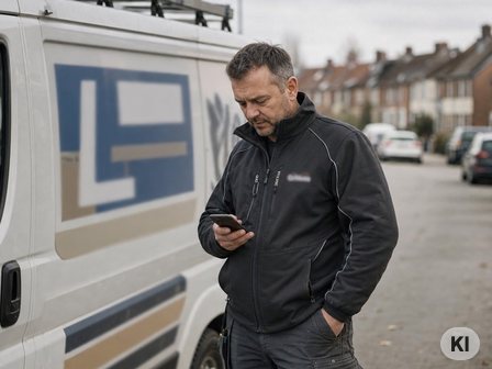 Handwerker steht vor seinem beschrifteten Firmenwagen und schaut auf sein Smartphone. Bild mit KI erstellt.