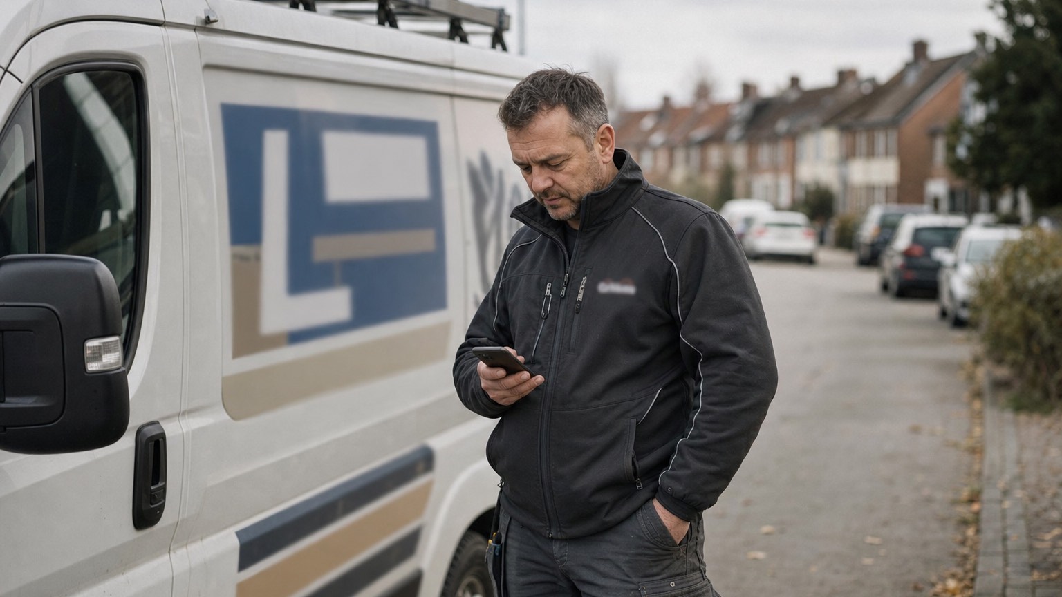 Handwerker steht vor seinem beschrifteten Firmenwagen und schaut auf sein Smartphone