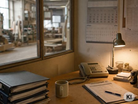 Aufgeräumter Schreibtisch im Handwerker-Büro mit Aktenordnern, Tischtelefon und Klemmbrett, Werkstatt im Hintergrund. Bild mit KI erstellt.
