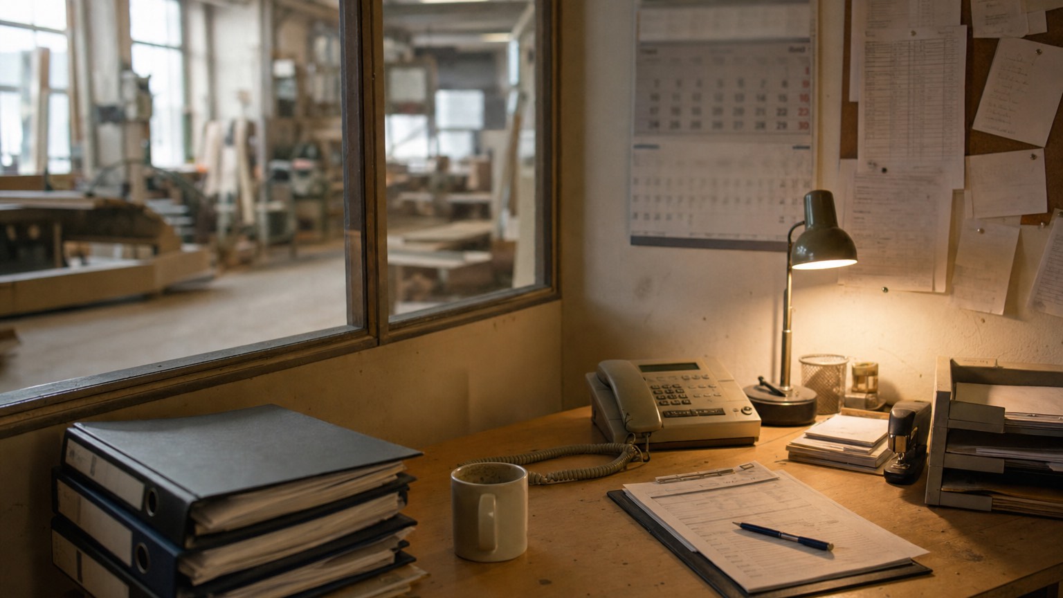 Aufgeräumter Schreibtisch im Handwerker-Büro mit Aktenordnern, Tischtelefon und Klemmbrett, Werkstatt im Hintergrund