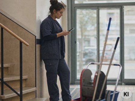 Reinigungskraft in Arbeitskleidung schaut auf dem Weg ins Treppenhaus auf ihr Smartphone. Bild mit KI erstellt.