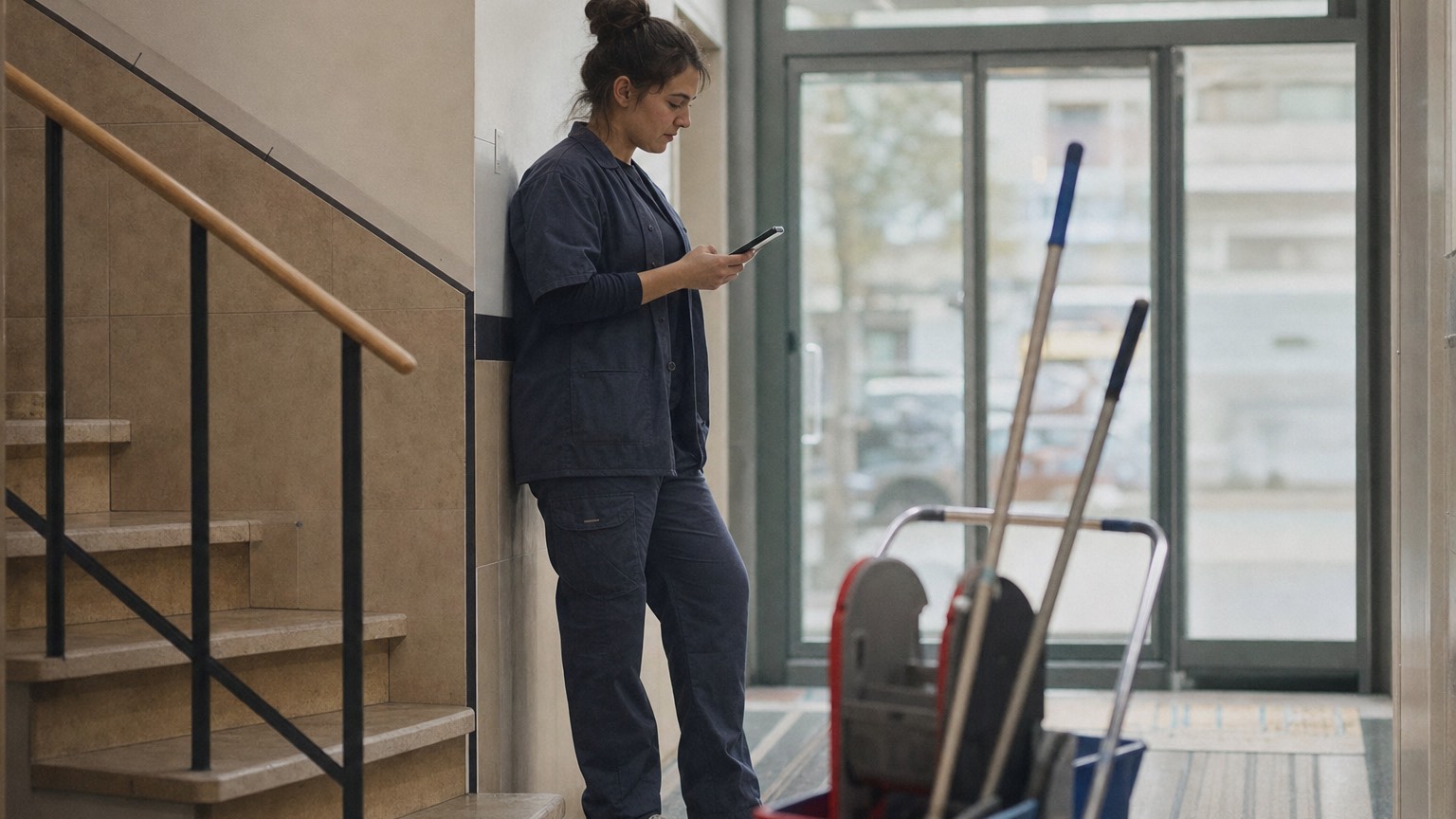 Reinigungskraft in Arbeitskleidung schaut auf dem Weg ins Treppenhaus auf ihr Smartphone