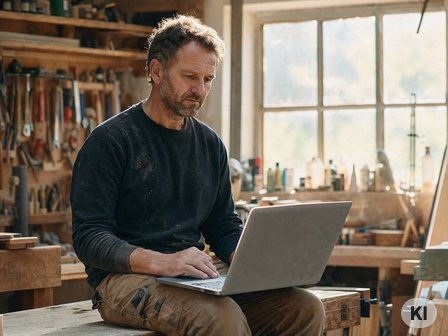 Handwerker in seiner Werkstatt mit Laptop auf dem Schoß, Szene zum Thema Website-Kosten für Handwerker. Bild mit KI erstellt.