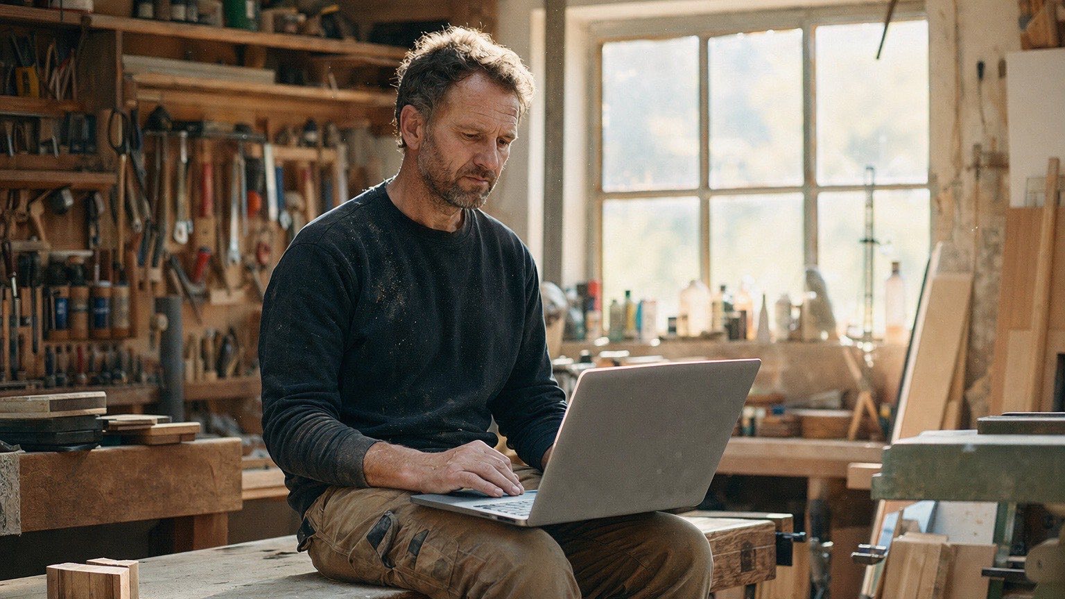 Handwerker in seiner Werkstatt mit Laptop auf dem Schoß, Szene zum Thema Website-Kosten für Handwerker